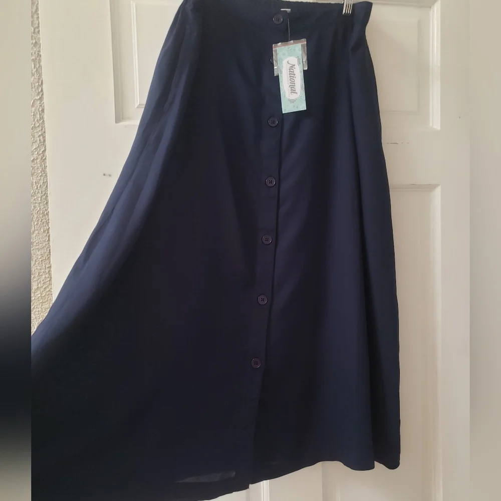 National Summer Casual Front Button A-Line Midi Skirt with Pockets Size L